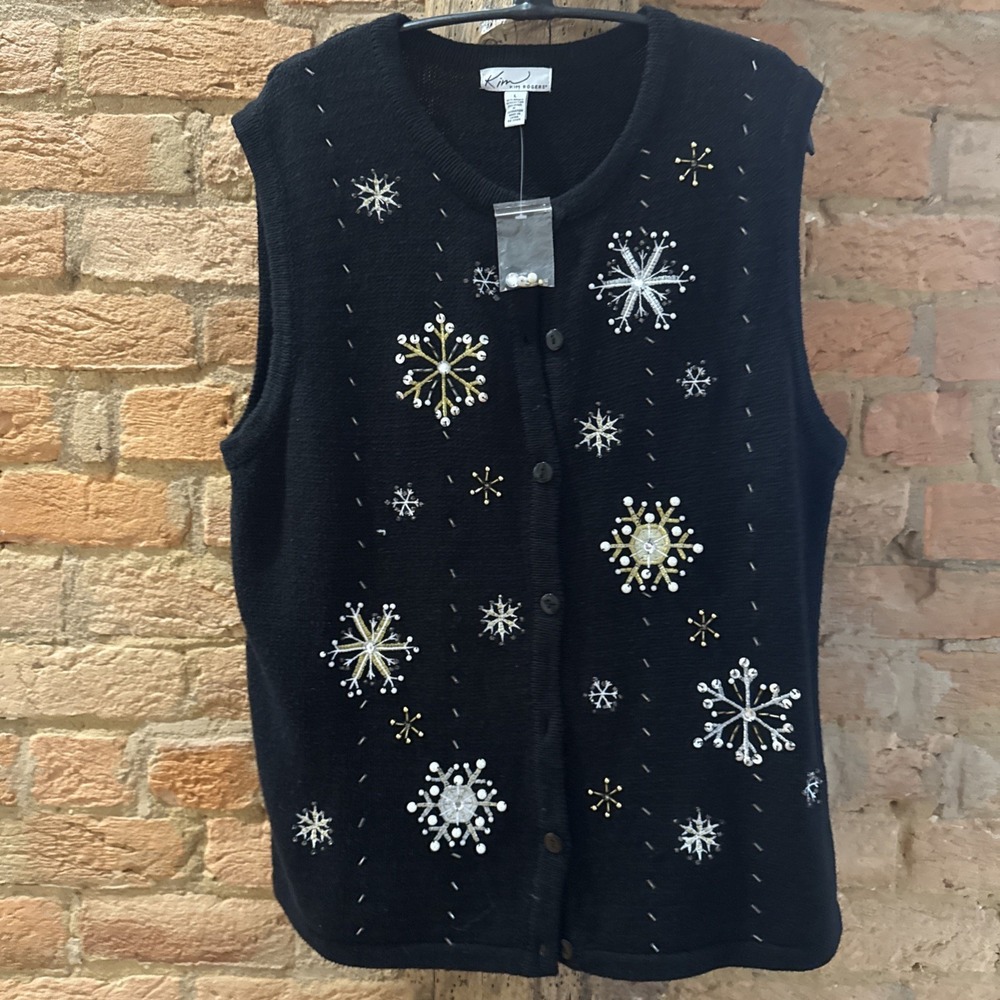 Kim Rogers Christmas Sweater Vest Size L Black Snowflakes Sequin‎ Holiday